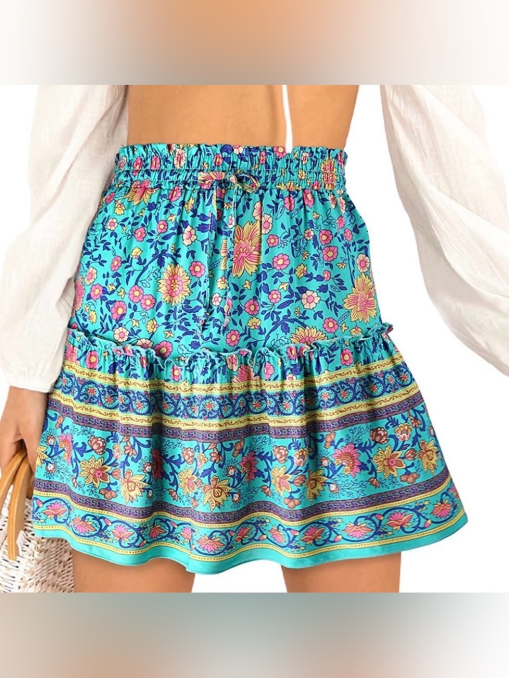 Turquoise Floral Bohemian Mini Skirt W/ Tie Waist Size XL